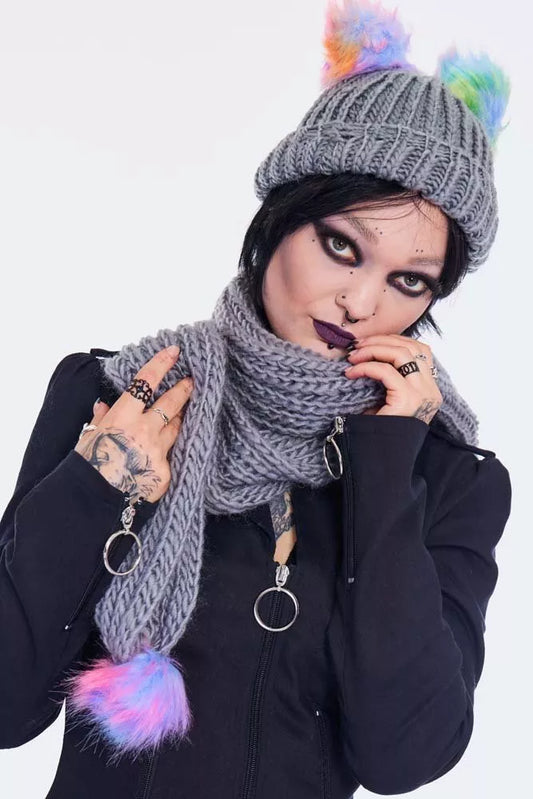 Rainbow Gothic AlternativeStyle Pom Pom Scarf & Hat Set In Grey