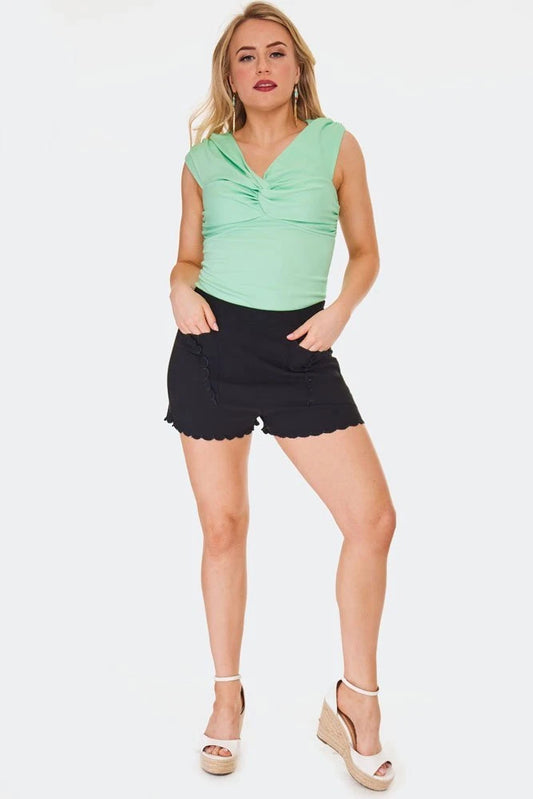 Retro High waisted black shorts with embroidered scallop pocket detail