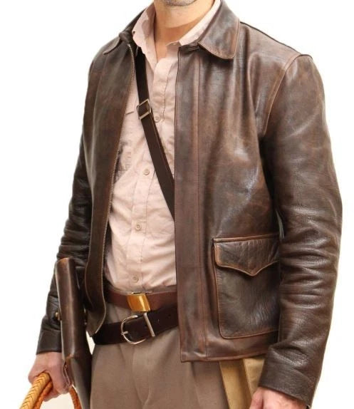Men's Raiders of The Lost Harrison Jones Vintage Brown Bomber Leather Jacket