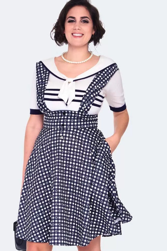 Heart gingham overall flare curve Retro Vintage Style skirt