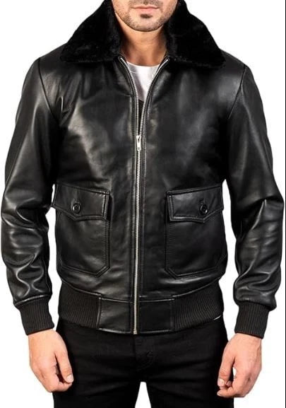 Men's Classic Aviator Style Black Faux Fur Collar Real Leather Bomber Jacket