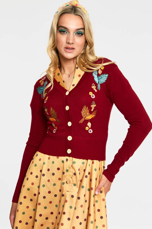 Women Retro RED WOODLAND EMBROIDERED CARDIGAN Vintage Style Cardigan