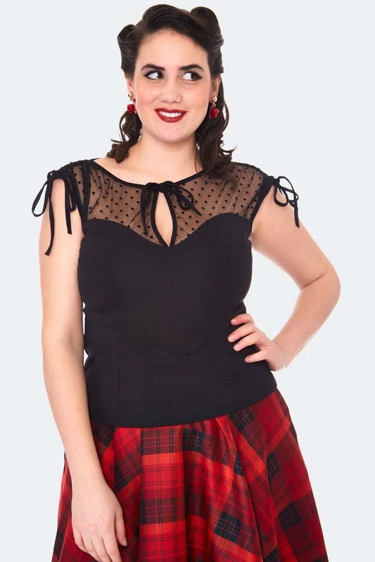 Retro Heart Patterned Vintage Style Mesh Sleeveless Top