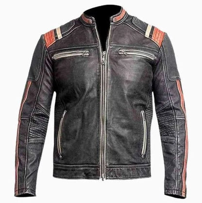 Mens Retro Vintage Cafe Racer Distressed Black Biker Leather Motorcycle Jacket