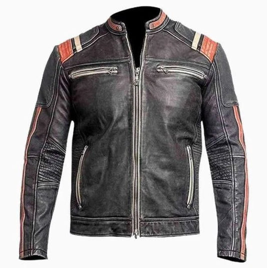 Mens Retro Vintage Cafe Racer Distressed Black Biker Leather Motorcycle Jacket