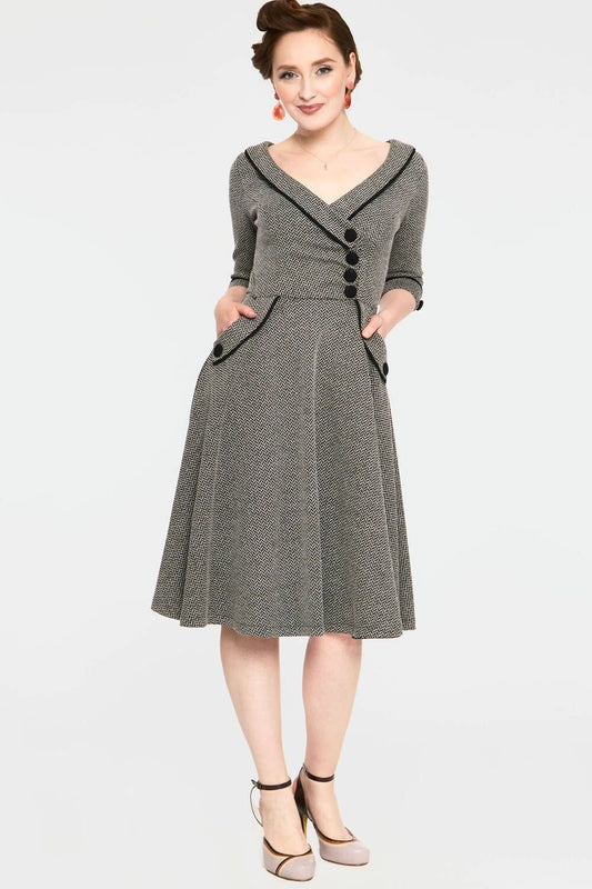 Marica Herringbone Retro Vintage Style Flared Dress