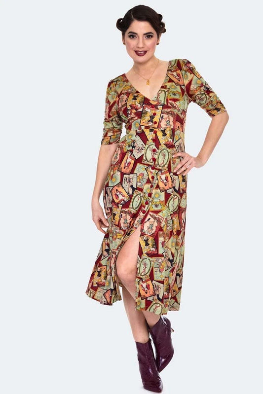 Retro Vintage Style Tarot Print Midi Dress
