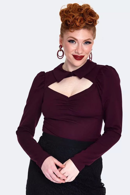 New Womens Retro Cut Out Top ladies Top With Collar Vintage Style Fashion