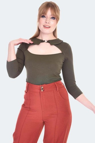 60s Retro Vintage Style Green Cut Out Collared Top