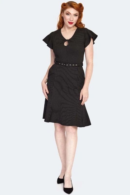 Pinstripe Flutter Sleeve Front Twist Flare Retro Vintage style Dress