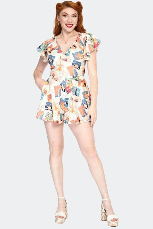 Postcard Print Flutter Collar Retro Vintage Style Playsuit