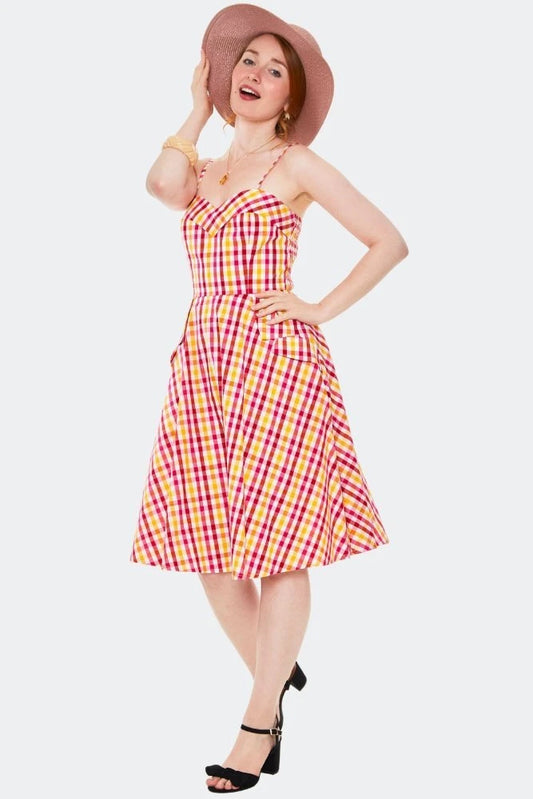 GINGHAM SLEEVELESS FLARE DRESS Retro Vintage Style