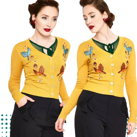 Women Retro YELLOW WOODLAND EMBROIDERED CARDIGAN Vintage Style Cardigan