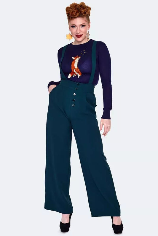 Green High Retro Waisted Vintage Style Suspender Trousers