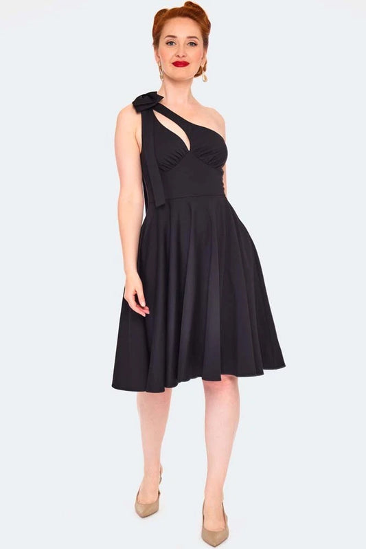 Retro BLACK ONE SHOULDER FLARE DRESS Vintage Style