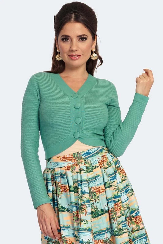 Women Retro Mint Textured Knit Crop Cardigan Vintage Style Cardigan
