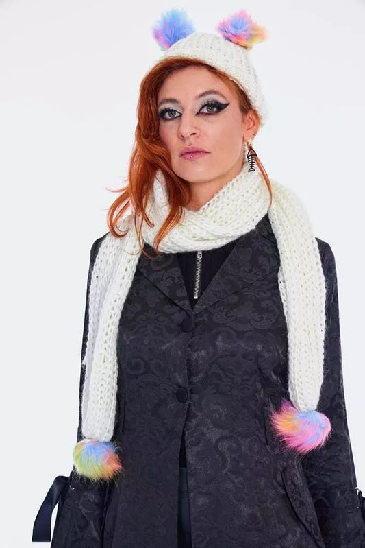 Rainbow Gothic Alternative Style Pom Pom Scarf & Hat Set In Cream