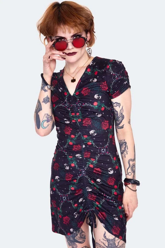 Skull and roses print midi Gothic Alternative Style dress