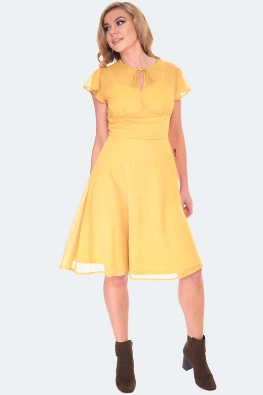 RETRO VINTAGE STYLE YELLOW TIE NECK LACE FLARE DRESS