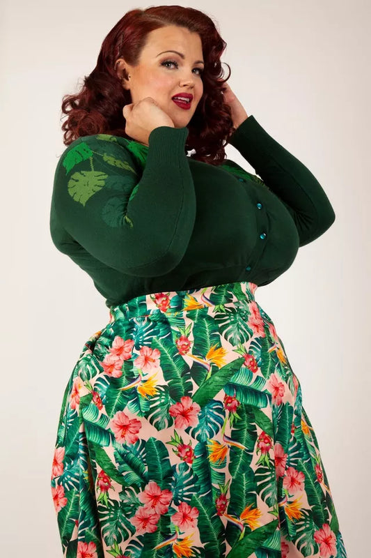 Curve Ivy Green Leaf Print Retro Vintage style Cardigan