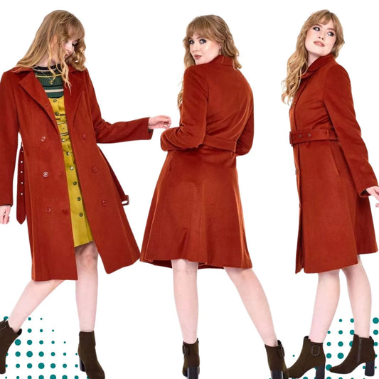 Women Retro Fitted Coat with Belt Vintage Style Fashion