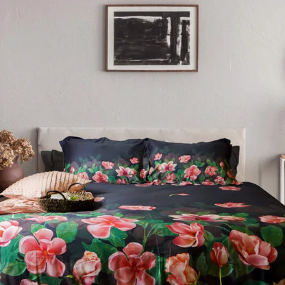 Duvet Quilt Cover Set in Black & Red Premium Quality 100% Cotton Bed of Roses
