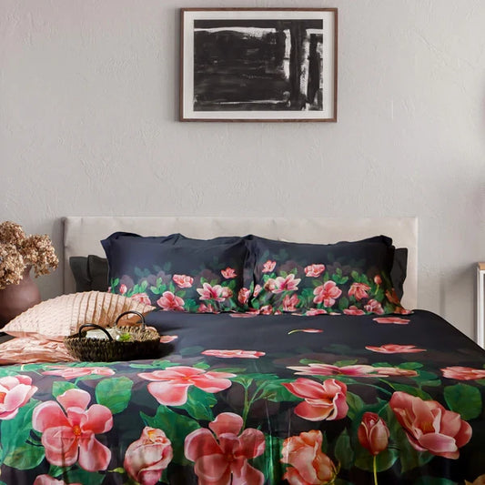 Duvet Quilt Cover Set in Black & Red Premium Quality 100% Cotton Bed of Roses