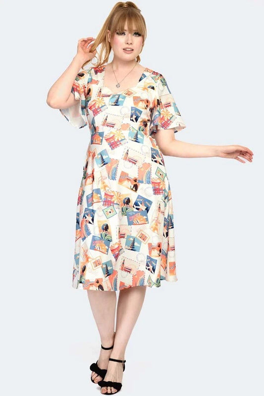 Women Retro Postcard Print Midi Vintage Style Dress