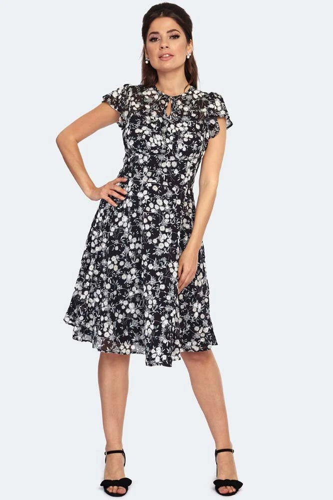 Floral Embroidery Chiffon Flutter Sleeve Retro Vintage Style Flare Dress