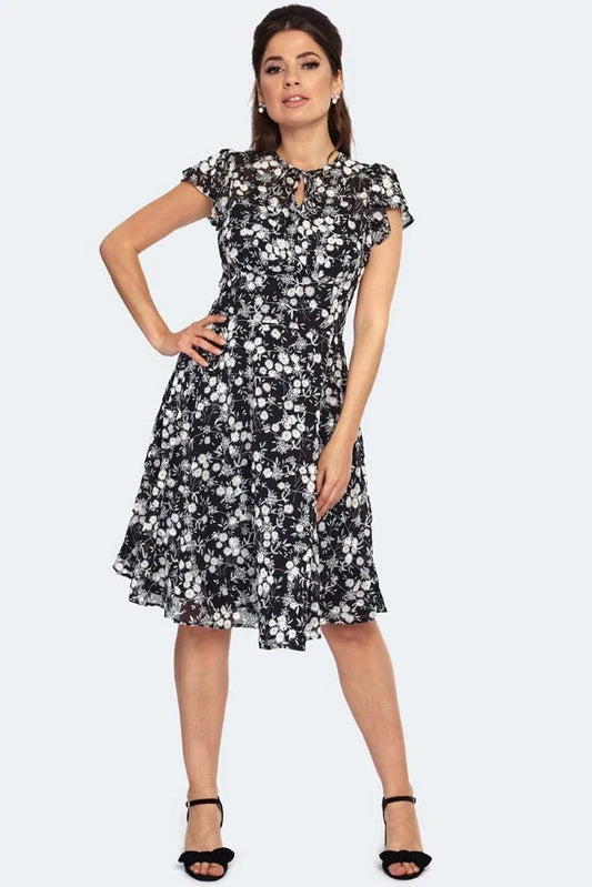 Floral Embroidery Chiffon Flutter Sleeve Retro Vintage Style Flare Dress