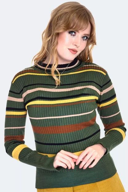 1970s Green Stripe Retro Vintage Style Sweater