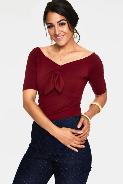 Anika Burgandy Tie Front Pullover Top V Neck Retro Style Women Top