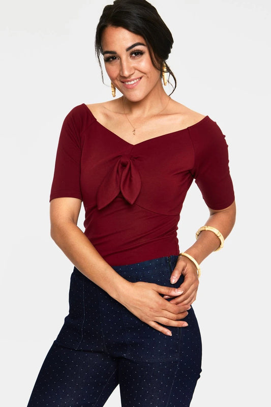 Anika Burgandy Tie Front Pullover Top V Neck Retro Style Women Top