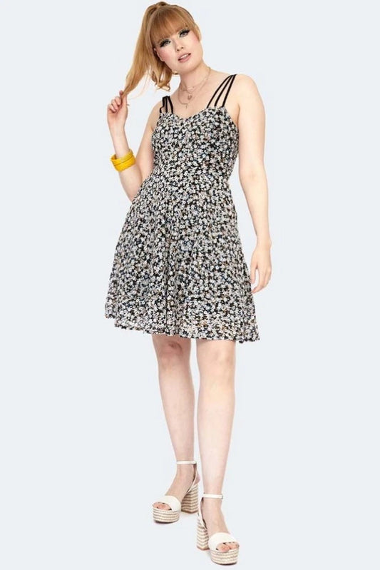 Retro Floral Embroidery Strappy Chiffon Flare Vintage Style Dress