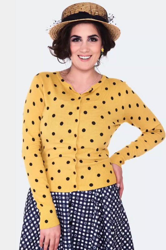 Women Retro YELLOW POLKA DOT CARDIGAN Vintage Style Cardigan