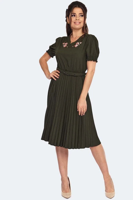 RETRO VINTAGE STYLE FLORAL PLEATED FLARE DRESS