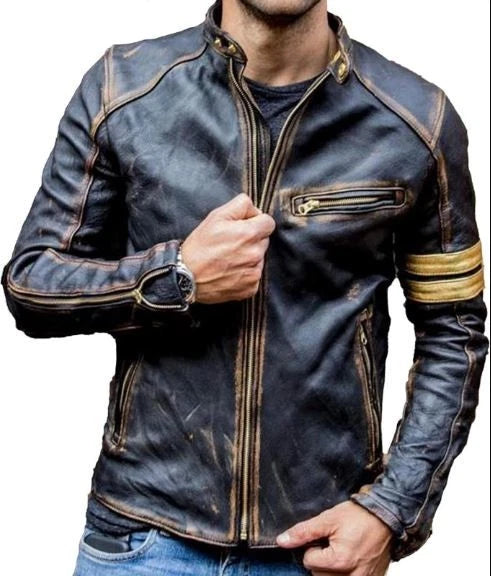 Mens Cafe Racer Golden Stripes Vintage Motorcycle Distress Leather Biker Jacket