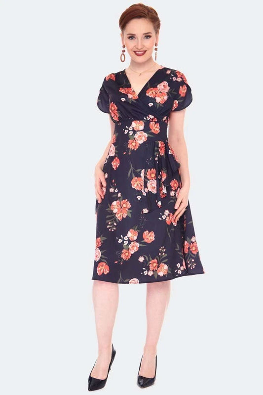 Women Retro Floral RUFFLE FLARE Vintage Style DRESS