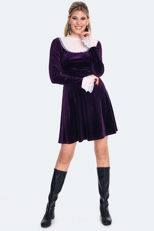 1960s Retro Vintage Style Ruffle Sleeve Velvet Flare Dress