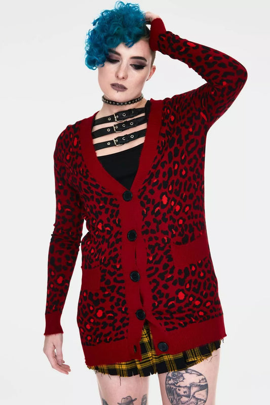 Alternative Fashion Style Maneater Red Leopard Print Oversized Gothic Cardigan