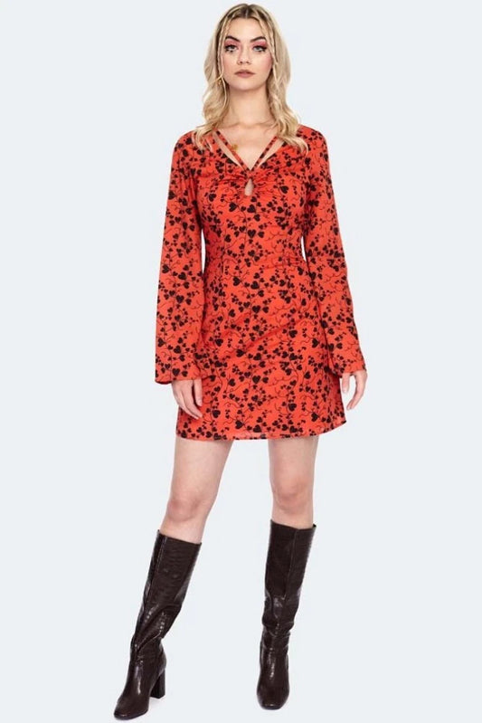 1960s Women Retro Bleeding Hearts Print Flare Sleeve Mini Vintage Style Dress