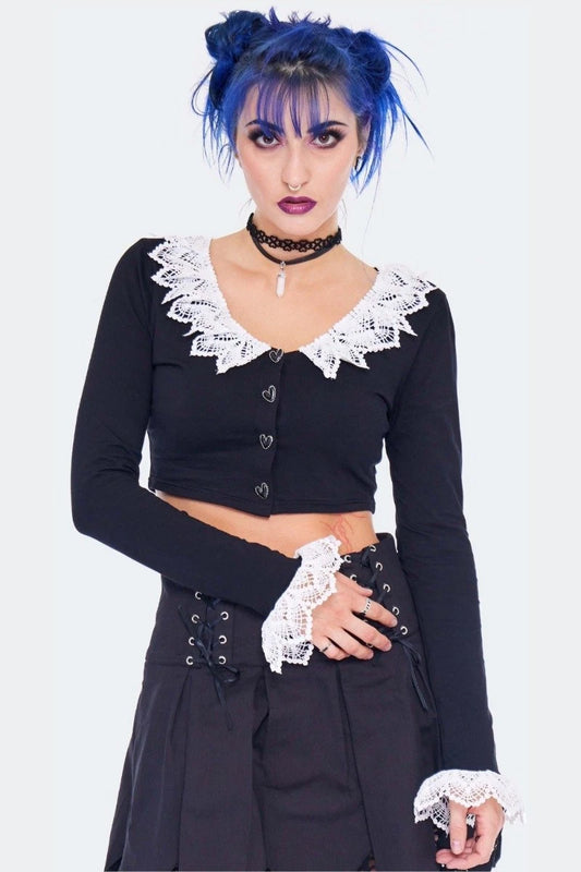 Alternative Style Long Sleeve Gothic Crop Top With Lace Trim Punk