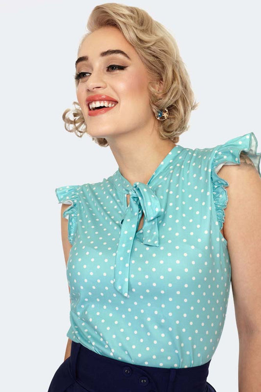 Women Retro Vintage Top Polka Dot Tie Neck Sleeveless Top