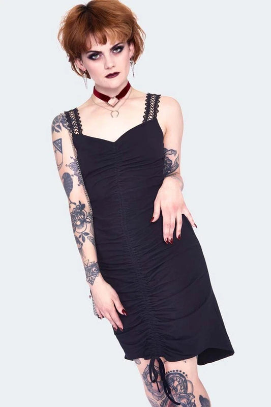 Gothic Long at back rouched dress with lace Alternative Style