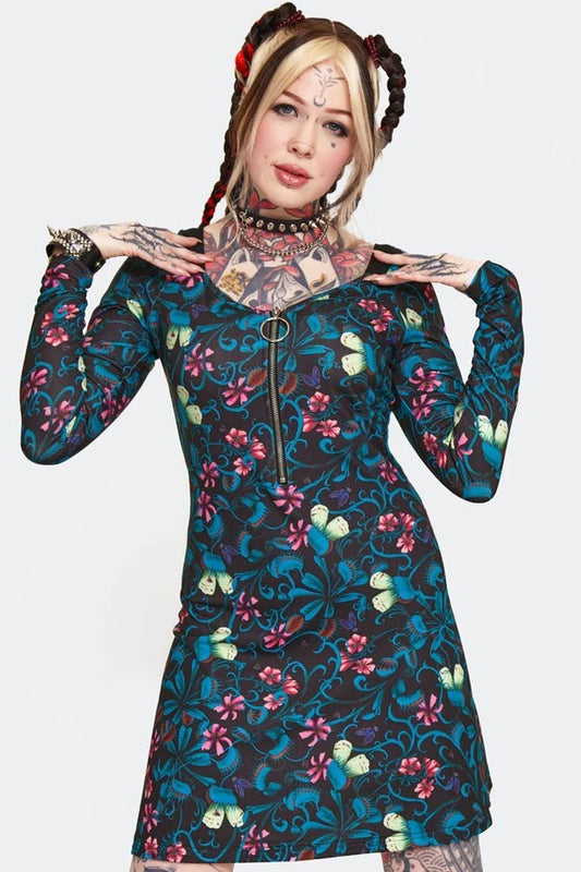 Gothic Venus Flytrap Print Mini Punk Style Dress