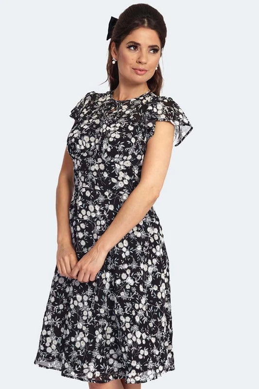 Floral Embroidery Chiffon Flutter Sleeve Retro Vintage Style Flare Dress