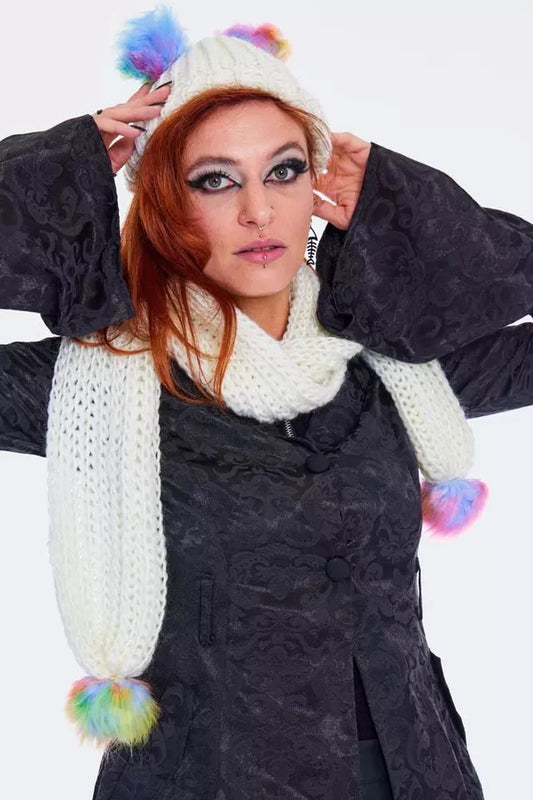 Rainbow Gothic Alternative Style Pom Pom Scarf & Hat Set In Cream