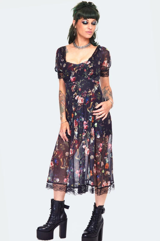 Gothic Night Garden Print Short Sleeve Dress Alternative Style