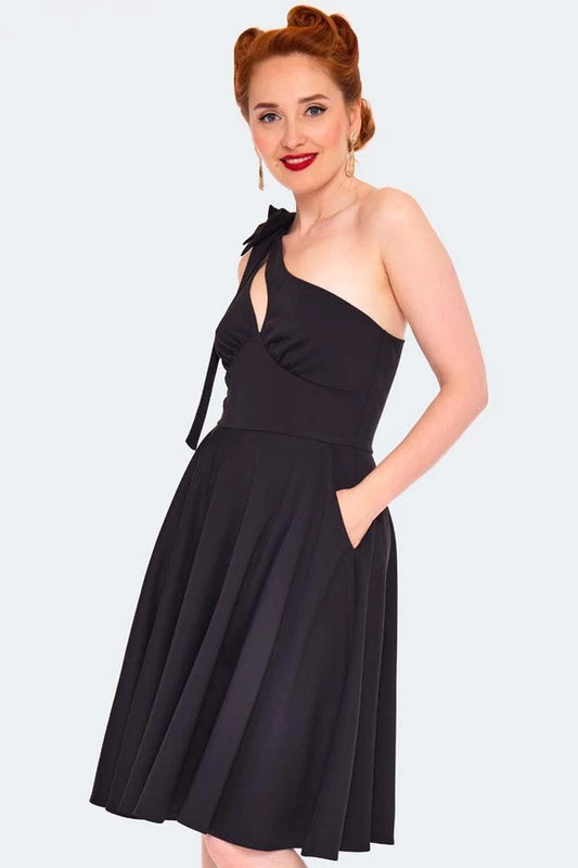 Retro BLACK ONE SHOULDER FLARE DRESS Vintage Style