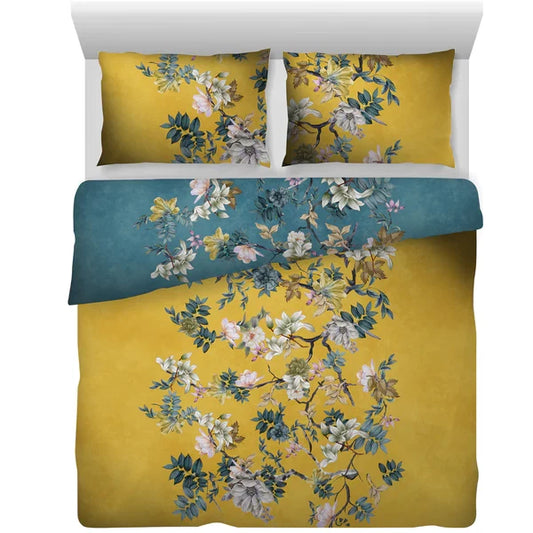 Floral Vine Duvet Quilt Cover Set in Yellow & Blue Premium Quality 100% Cotton